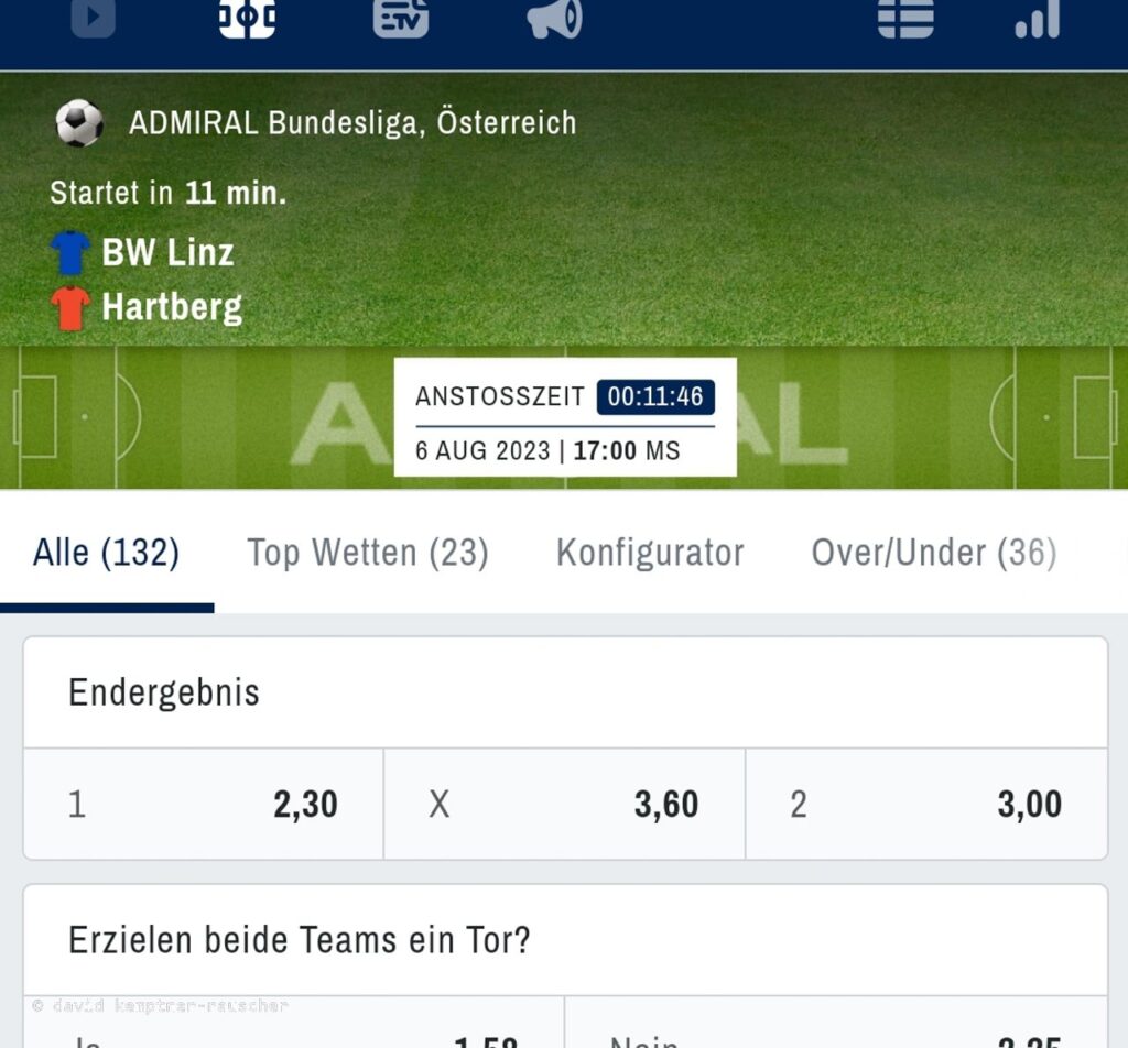 6. August 2023, FC Blau Weiß Linz gegen TSV Hartberg im Donauparkstadion. Überraschende Wettquoten vor Spielbeginn.